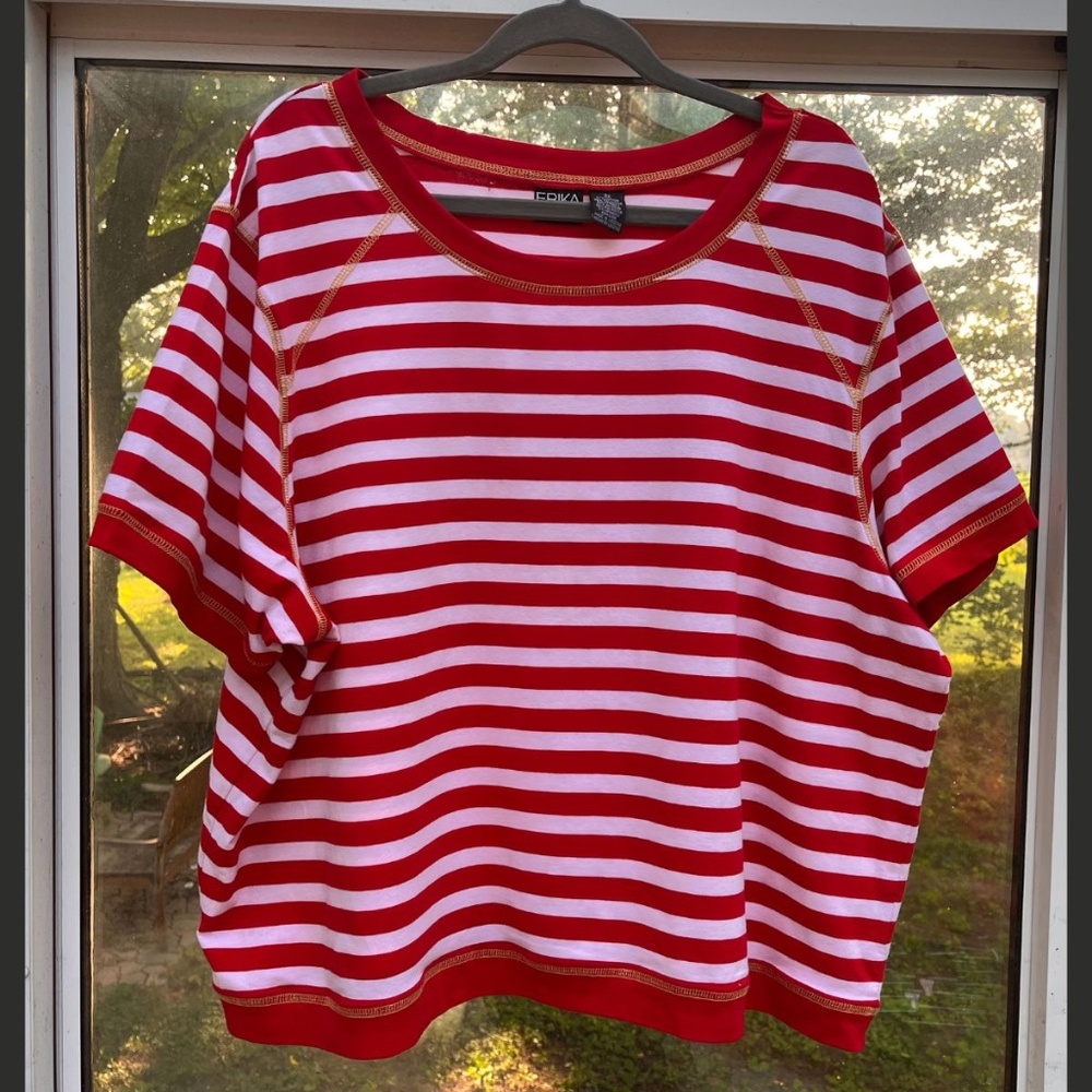 Erika Red & White Striped Short Sleeved Shirt w/Yellow Stitching Women's Size 3X